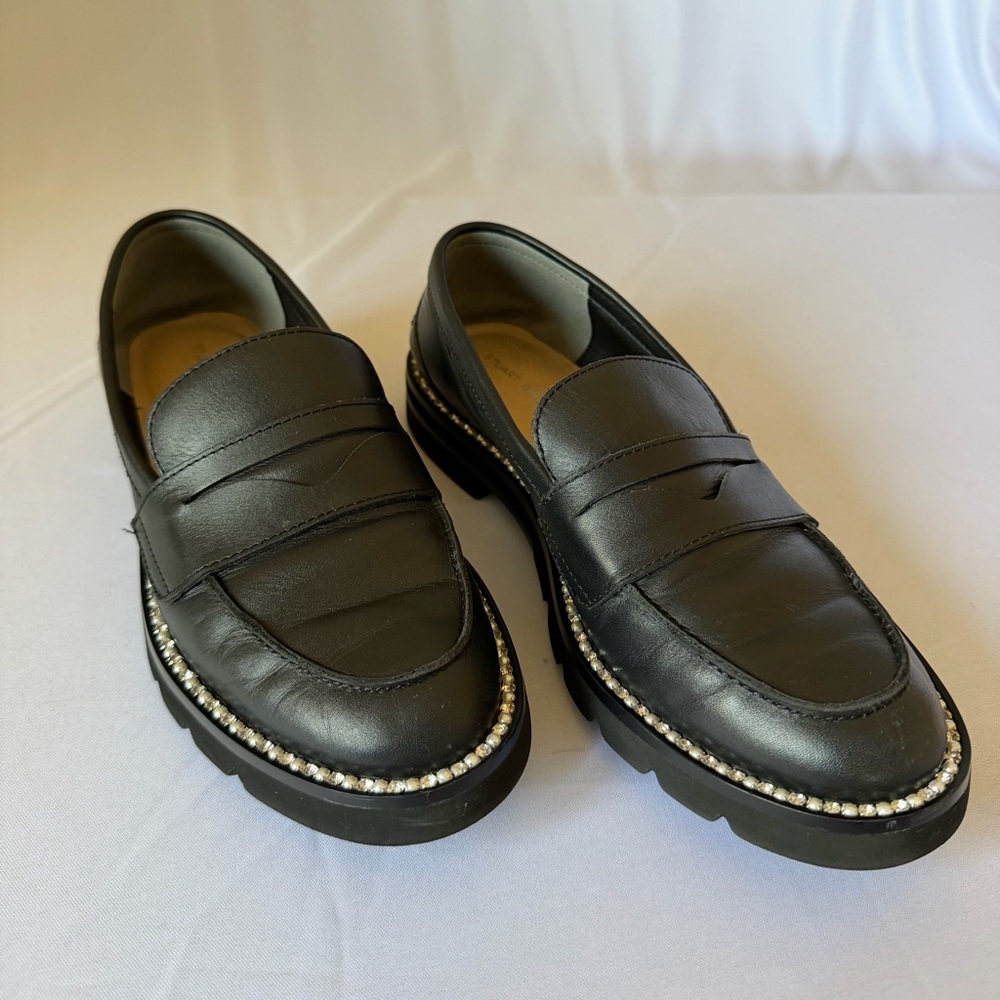 Black Leather Penny Loafers with Crystal+Pearl Trim